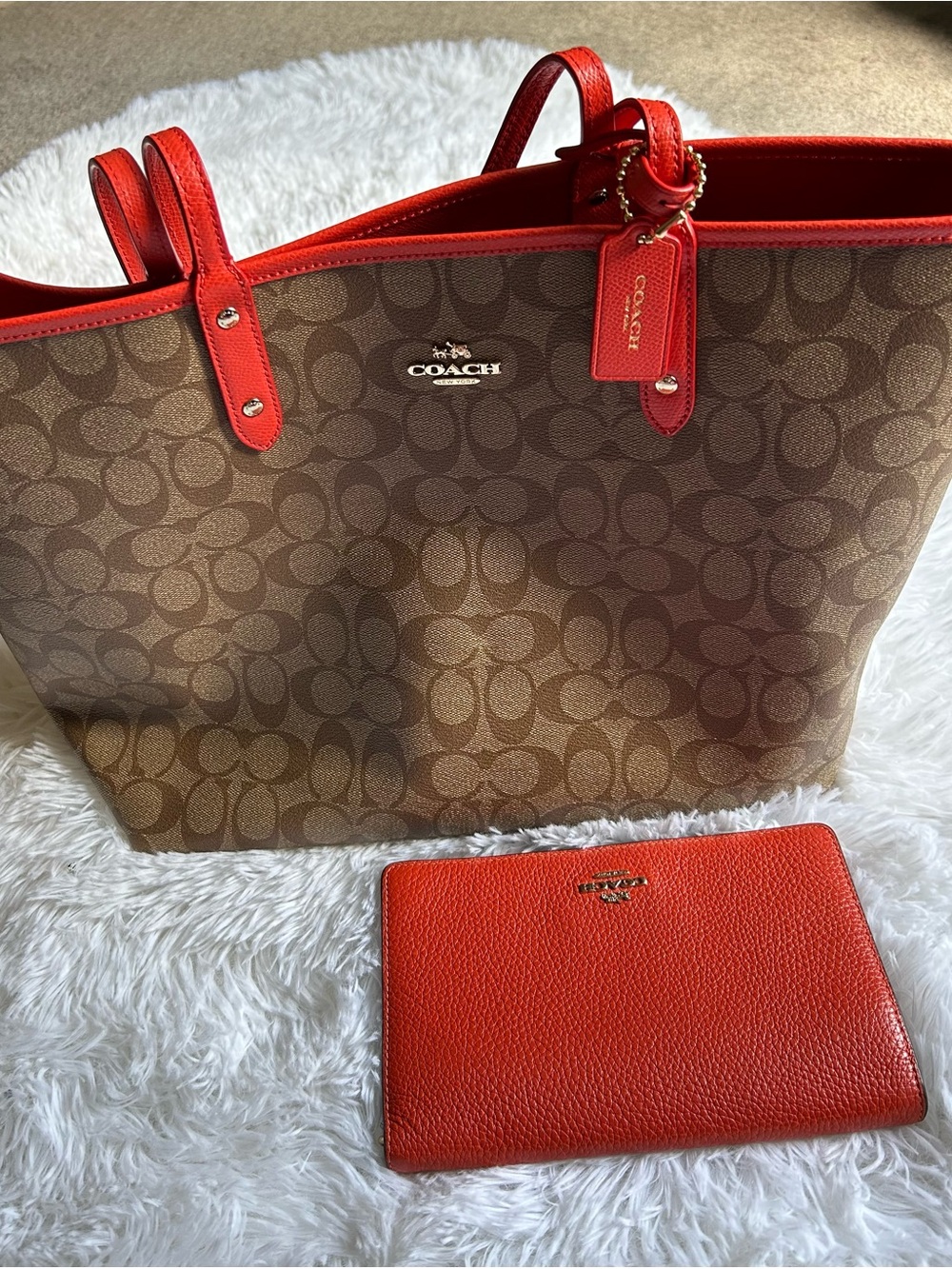 Authentic Coach brown and orange Signature Reversible Tote with matching Wallet